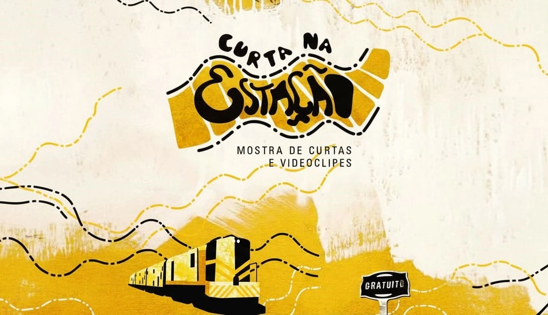 Cartaz do Curta na Estação em Sousa com ilustração de trem e divulgação de mostra gratuita de curtas