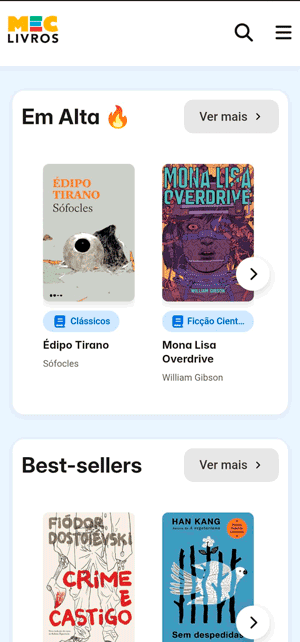 Página inicial da plataforma do MEC Livros que exibe as obras em alta no momento