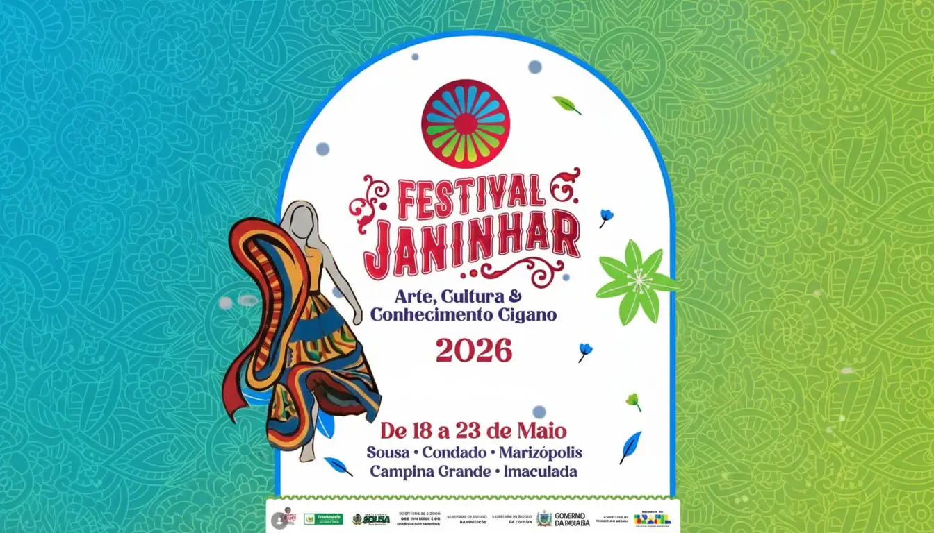 Cartaz do Festival Janinhar 2026 com ilustração colorida de uma dançarina cigana, fundo azul e verde com estampas florais e informações do evento entre os dias 18 e 23 de maio em cidades da Paraíba.