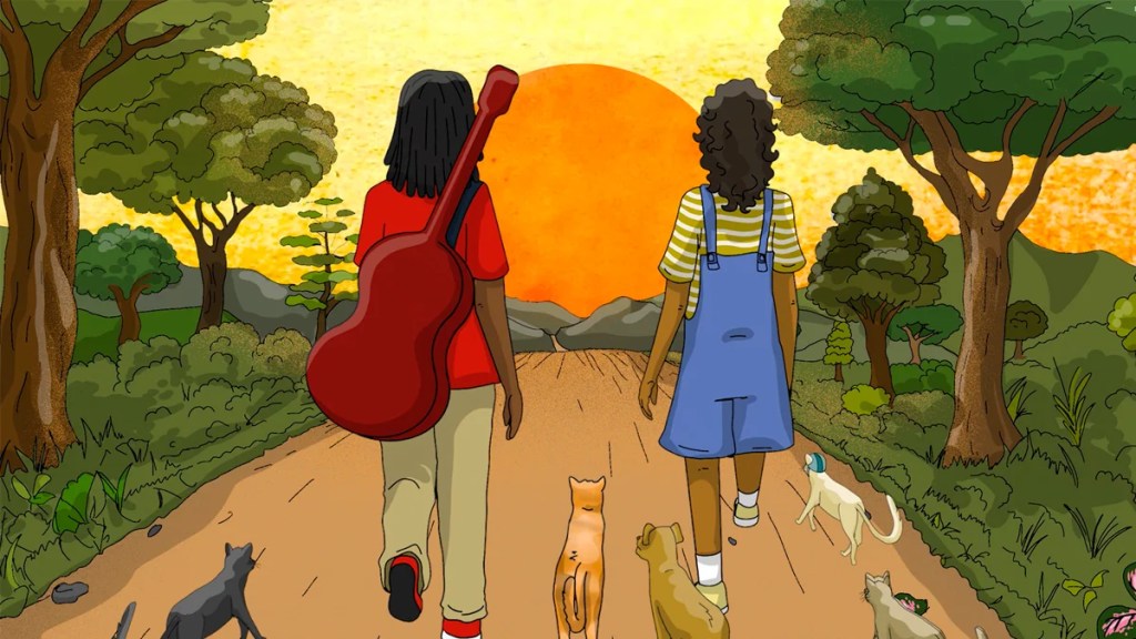 Cinema de animação no sertão da Paraíba: uma trajetória que chegou ao mundo 6 Frame da animação "A menina que amava gatos" de Maria Tereza Azevedo, que exibe as personagens em direção ao por do sol